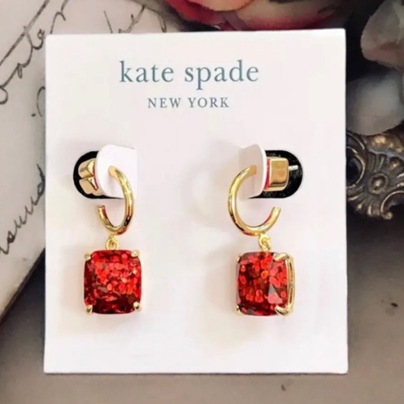 KATE SPADE NEW YORK Square Glitter Stone Charm Huggie Hoop Earrings - Picture 7 of 8
